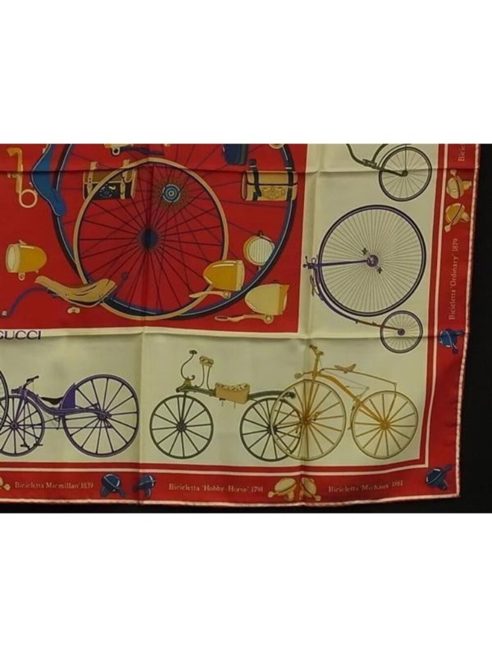 Gucci Scarf Red Multicolor Silk 100% Large Bicycle Pattern - Picture 3 of 6